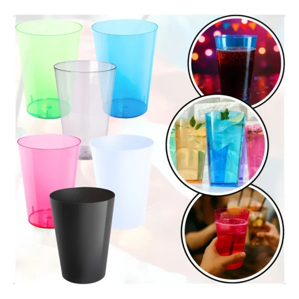Kit 50 Copos Acrílico 300ml Lavável Descartável Colorido