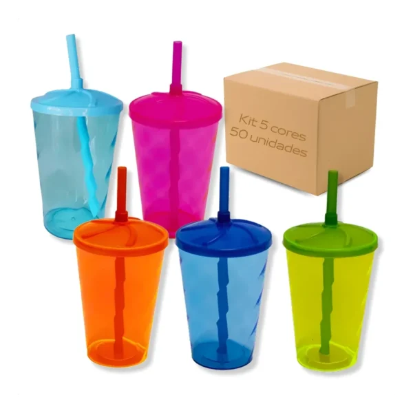 Kit 50 Copo Twister 300ml Tampa Canudo Balada Atacado Varejo