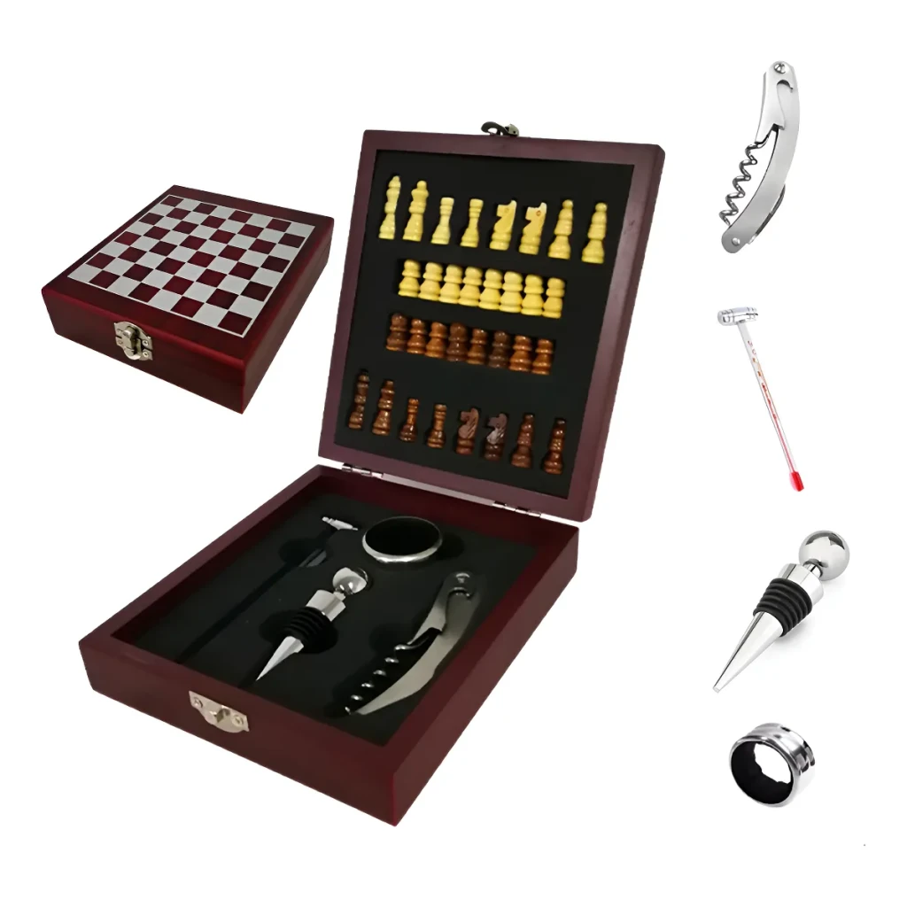 Kit Abridor De Vinho 4 Peças Com Jogo De Xadrez Maleta Kit Abridor De Vinho 4 Peças Com Jogo De Xadrez Maleta