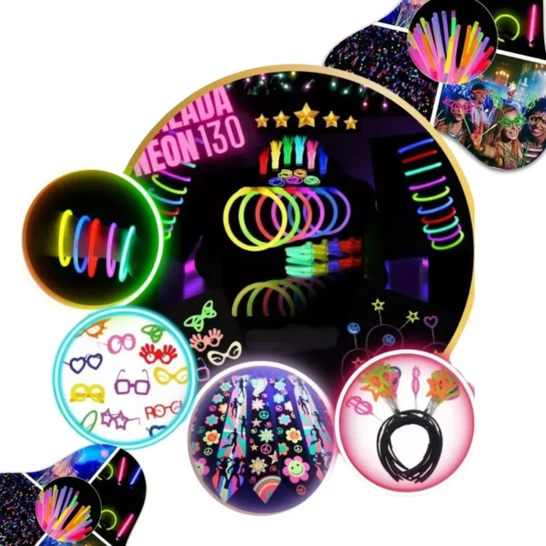Kit Balada 130 Pçs Festa Neon Pulseira Óculos Tiara Gravata
