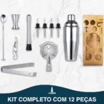 Kit Bar com 12 Peças em Aço Inox, Coqueteleira 550ml, Socador e Suporte de Bambu para Coquetelaria e Caipirinha – Marca Lorben