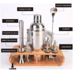 Kit Bar com 12 Peças em Aço Inox, Coqueteleira 550ml, Socador e Suporte de Bambu para Coquetelaria e Caipirinha – Marca Lorben