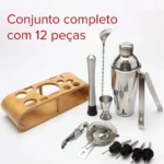 Kit Bar com 12 Peças em Aço Inox, Coqueteleira 550ml, Socador e Suporte de Bambu para Coquetelaria e Caipirinha – Marca Lorben
