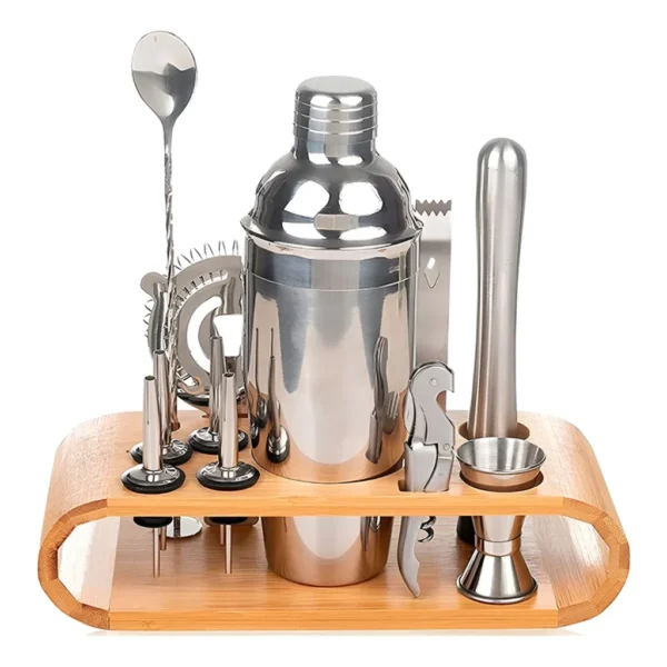 Kit Bar com 12 Peças em Aço Inox, Coqueteleira 550ml, Socador e Suporte de Bambu para Coquetelaria e Caipirinha – Marca Lorben