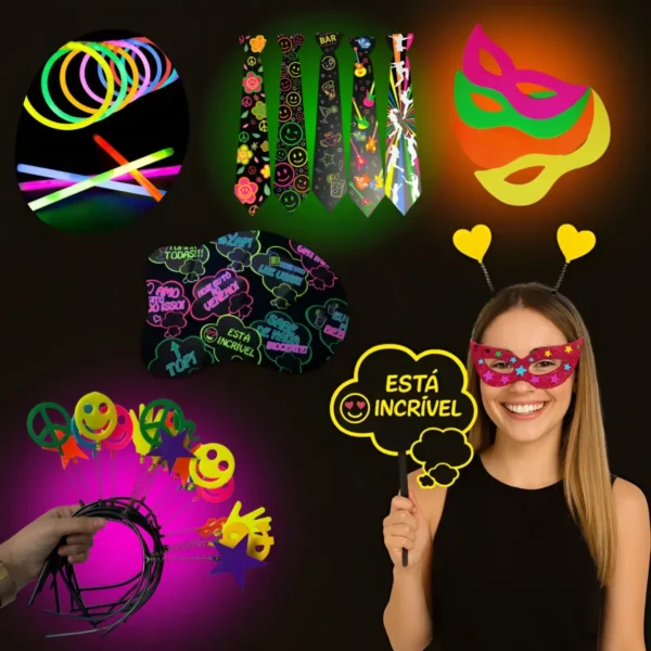 Kit Balada Festa Neon 150 Pçs Máscara, Tiara, Pulseira Neon