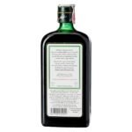 Visão traseira da garrafa verde de licor Jägermeister em fundo branco, destacando o contrarótulo com informações em português sobre ingredientes, graduação alcoólica de 35%, volume de 700ml e o código de barras.