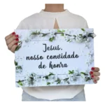 Plaquinha De Casamento Noiva Flores Brancas Jesus Nosso Conv