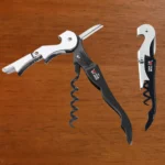 Saca Rolhas Aço Inox com Abridor de Garrafas 2 Estágios Serrilha para corte de Lacres Compacto Elegante Mesa de Natal Tche Amo