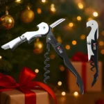 Saca Rolhas Aço Inox com Abridor de Garrafas 2 Estágios Serrilha para corte de Lacres Compacto Elegante Mesa de Natal Tche Amo