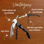 Saca Rolhas Aço Inox com Abridor de Garrafas 2 Estágios Serrilha para corte de Lacres Compacto Elegante Mesa de Natal Tche Amo