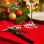 Saca Rolhas Aço Inox com Abridor de Garrafas 2 Estágios Serrilha para corte de Lacres Compacto Elegante Mesa de Natal Tche Amo