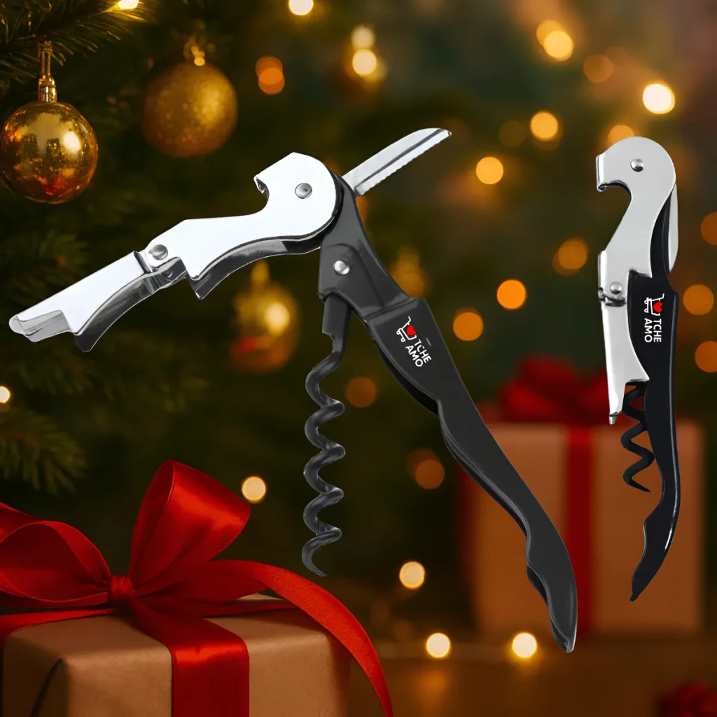 Saca Rolhas Aço Inox com Abridor de Garrafas 2 Estágios Serrilha para corte de Lacres Compacto Elegante Mesa de Natal Tche Amo Saca Rolhas Aço Inox com Abridor de Garrafas 2 Estágios Serrilha para corte de Lacres Compacto Elegante Mesa de Natal Tche Amo