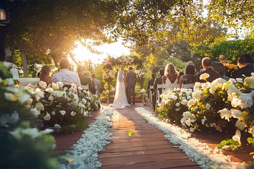 Cerimônia de casamento ao ar livre ao pôr do sol, ideal para explicar a diferença entre cerimonialista x celebrante