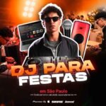 DJ aniversário com setup completo para festas: controladora, notebook, microfone e som para animar a comemoração