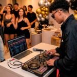 DJ aniversário tocando ao vivo com controladora e notebook em festa particular, com pista animada