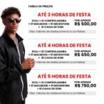 Tabela de preços DJ aniversário: 3h, 4h ou 5h com controladora, notebook, microfone e caixa de som