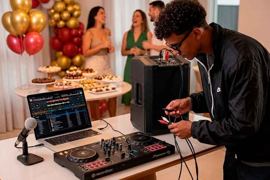 DJ com som do cliente conectando controladora e notebook ao som da casa em festa particular (checklist para contratar DJ)